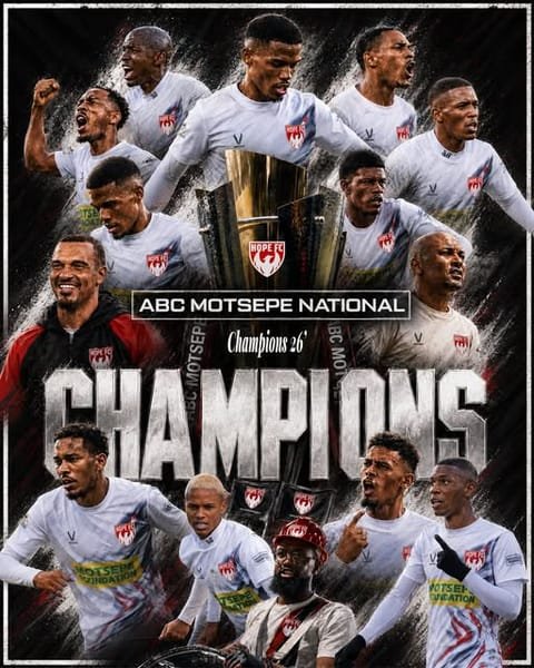 Hope FC squad celebrating as ABC Motsepe League national champions