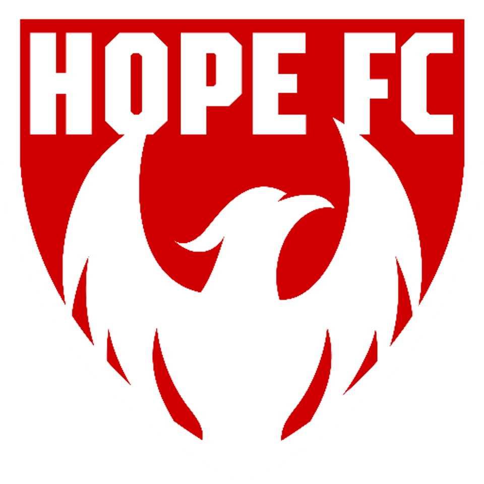 The Hope FC crest, a phoenix rising inside a red shield